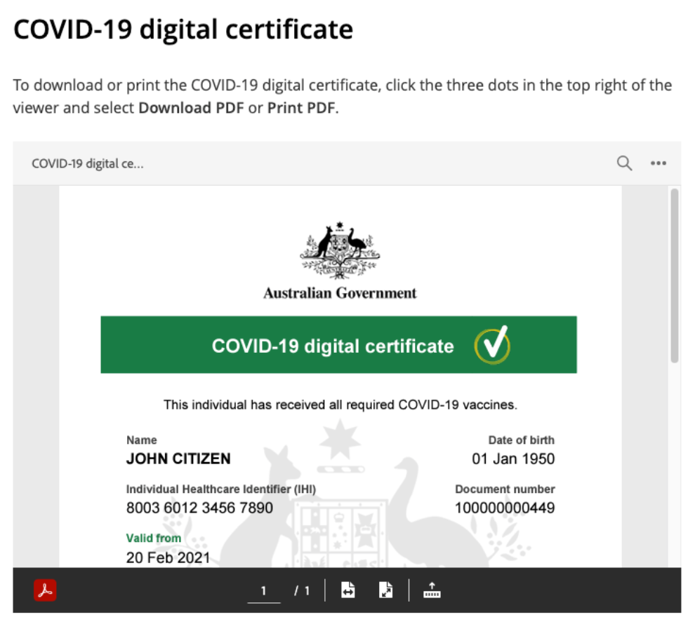 vaccine certificate for travel to australia