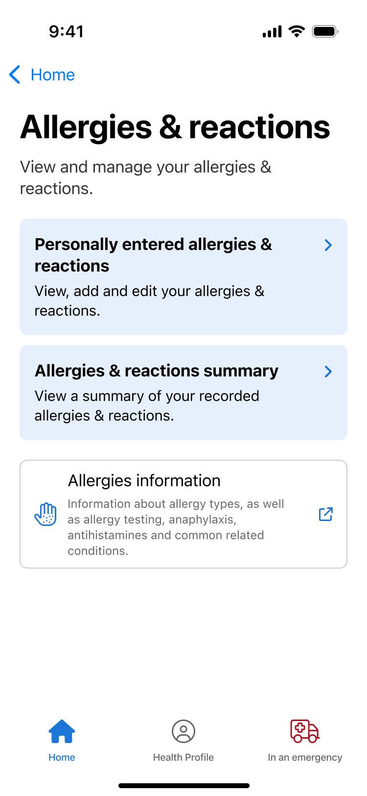 Screenshot of allergies and reactions page in the My Health App