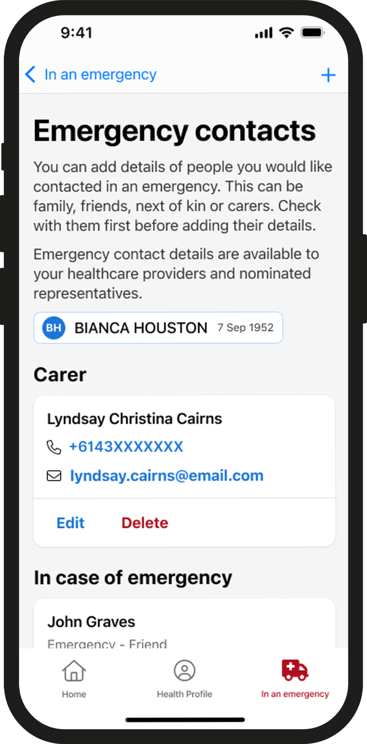 Screen shot of the My Health Records app emergency contacts page.